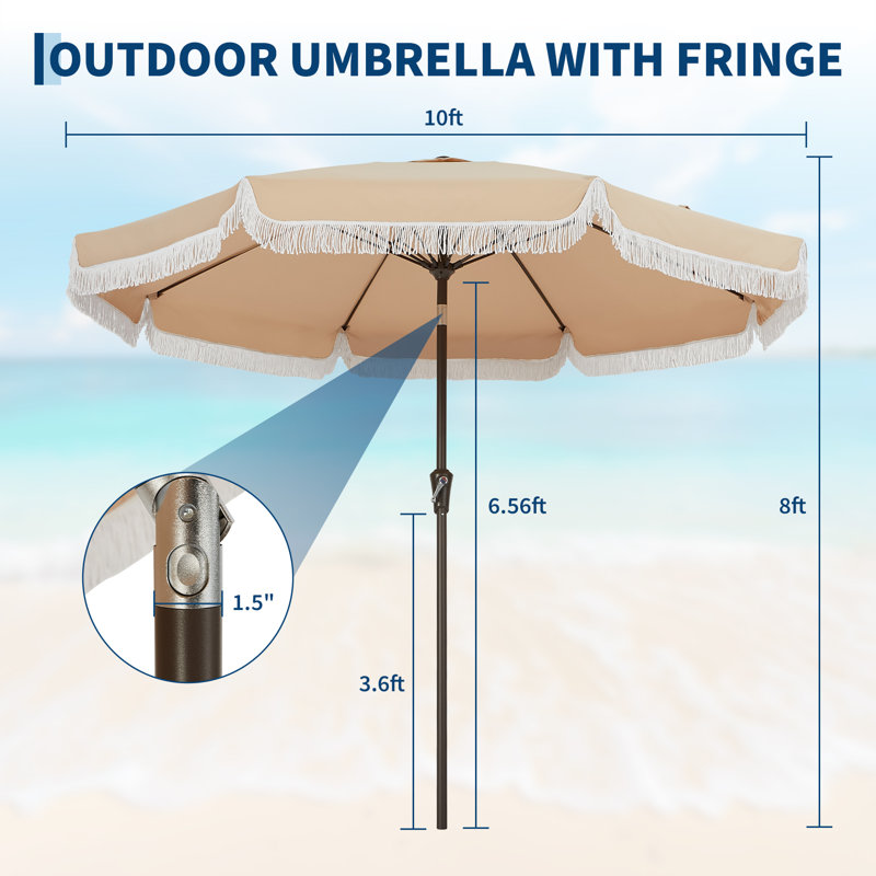 Parasol de patio à franges 10pi avec manivelle pour patio, Beige