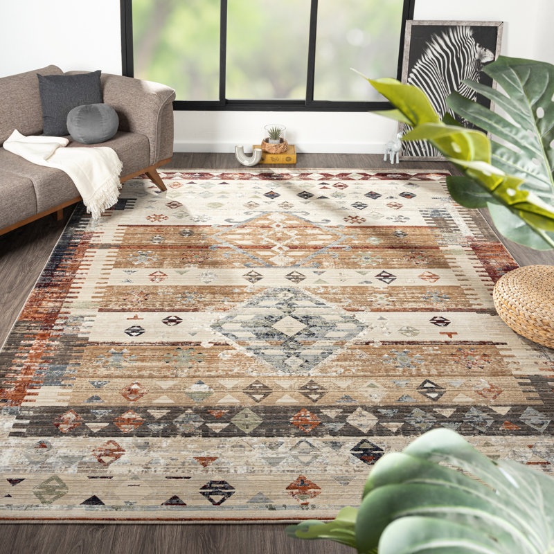 Tapis tribal beige / brun / gris, Rectangle 9 pi 6 po x 13 pi