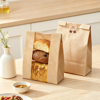 Qeetex 250 Pack Bread Bags for Homemade Bread, Large Kraft Paper Bakery Bags with Clear Window & Label Seal Stickers for Baked Food Packaging Storage Gift Gi