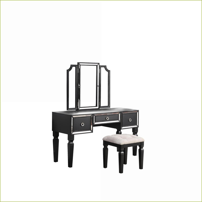 Ensemble de meuble-lavabo traditionnel noir avec tabouret, miroir à trois volets, 3 tiroirs, l 54 po x P 19 po x H 60 po | Noir | Tabourets de coiffeuse