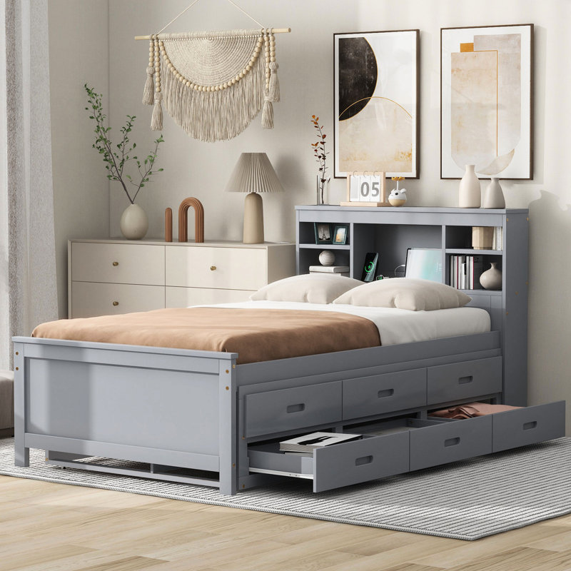Lit simple avec rangement pour tête de lit et lit gigogne gris - Fabrication en bois massif pour une plateforme de chambre à coucher sereine de style moderne
