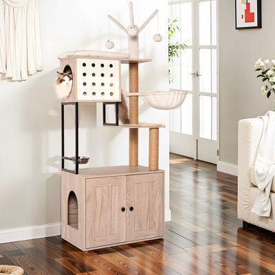American - Arbre à chat avec bac à litière, conception 3 en 1, poteaux à griffes, aire d'alimentation et plateau confortable, fabriqué en panneau de particules de couleur grise moderne, bol amovible