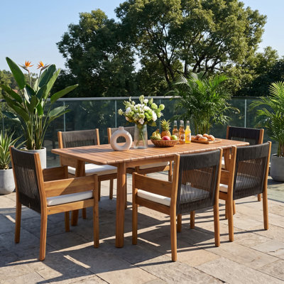 Ensemble de salle à manger d'extérieur moderne en bois d'acacia Celia 6-Peson avec table à lattes extensible, fauteuils et coussins en corde tissée