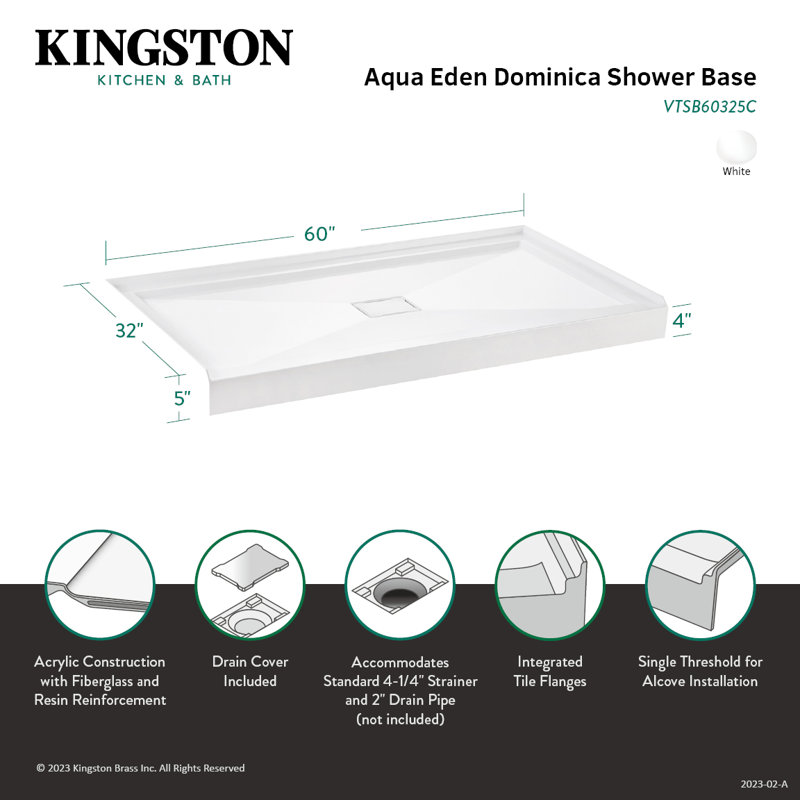Kingston Brass Dominica 60-Inch x 32-Inch Acrylic Single Threshold Shower Base, Center