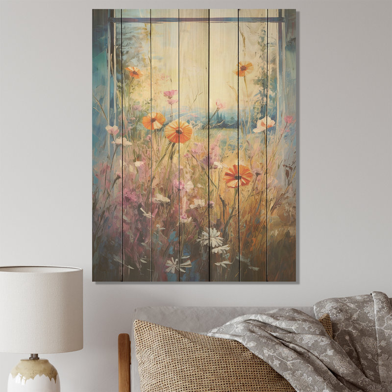 Orange et bleu, vue de prairie d'été - prairie sur bois, H 44 po x l 34 po
