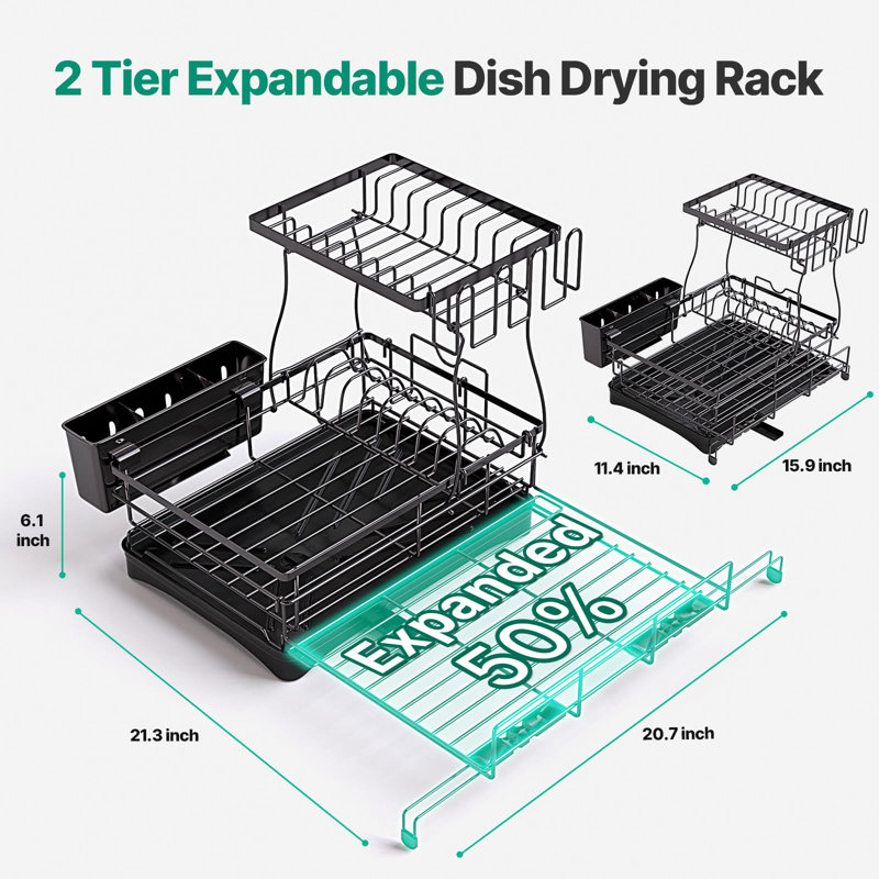 Égouttoir à vaisselle extensible à 2 niveaux, grands égouttoirs à vaisselle en acier inoxydable pour comptoir de cuisine