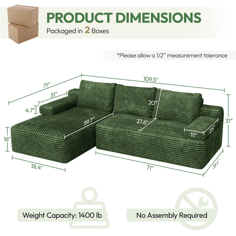 Corduroy Modular Sectional Sofa, Green