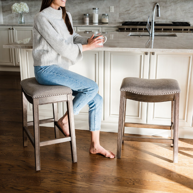 Maven Lane Adrien Backless Saddle Kitchen Stool with Fabric Upholstery, Gray Fabric / Walnut, Counter Stool (26" Seat Height)
