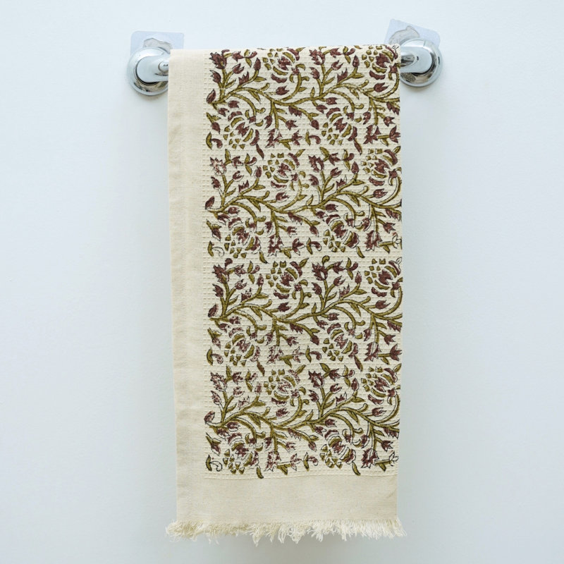 Luxury Floral Hand Block Print Waffle Cotton Hand Towels 17X32 Eco-Friendly, Stylish Home Accessories, Vasant, Brown