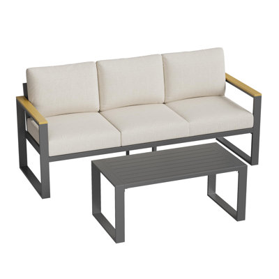 Ensemble 2 pièces de chaises de patio modernes en aluminium toutes saisons avec canapé à 3 places et table basse - Siège d'extérieur en métal durable - Coussins épais lavables pour balcon, jardin, terrasse ou cour arrière, beige
