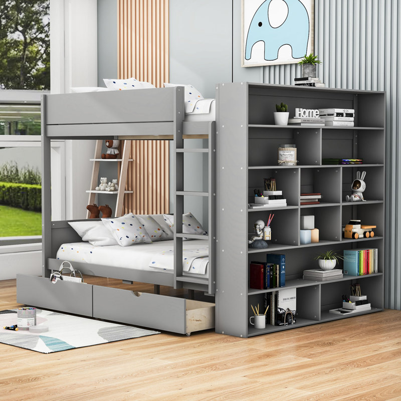 Jarif 2 Drawers Wood Bunk Bed with Cabinet and Slats, Full over Full, Gray
