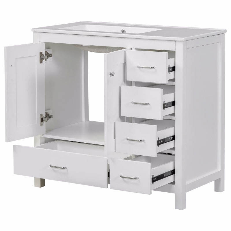 Ensemble de meuble-lavabo avec lavabo en céramique, armoire de rangement abondante, 2 portes à fermeture en douceur et 5 tiroirs