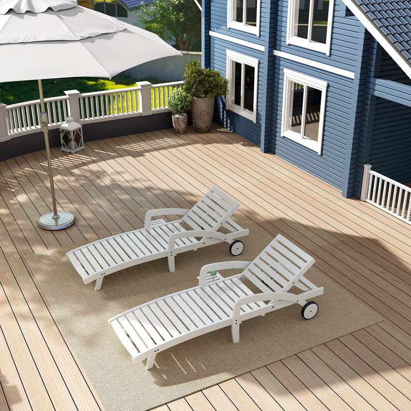 Outdoor Solid Wood Lounge Chair With Wheels, Adjustable Reclining Angle Single Beach Chair For Patio/Seaside/Pool (Set Of 2)