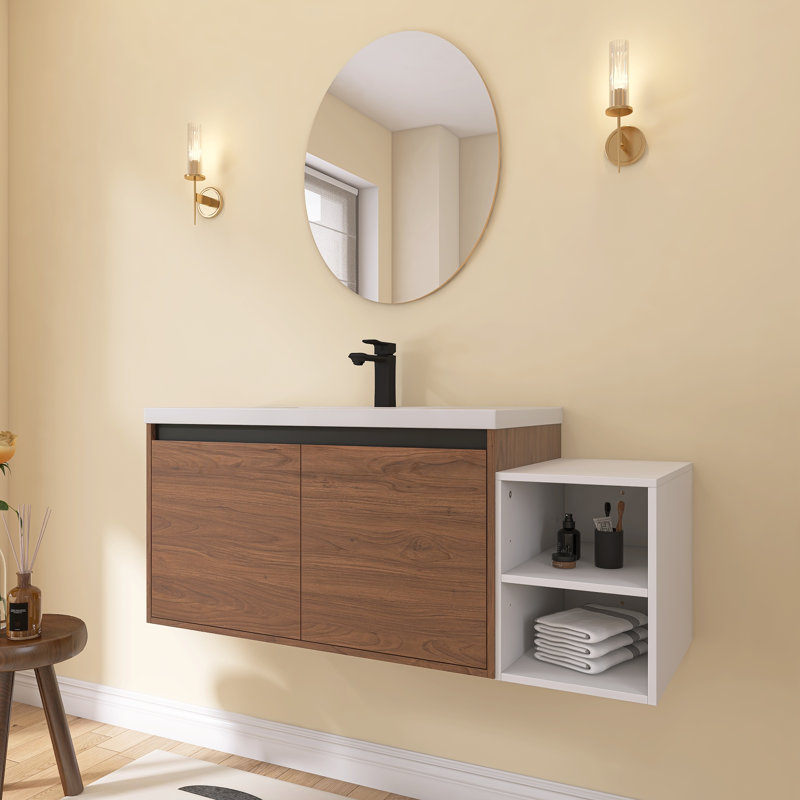 Meuble-lavabo mural Earnby de 122 cm (48 po) avec lavabo en résine, petites étagères de rangement, tablette réglable, portes à fermeture amortie, brun ébène