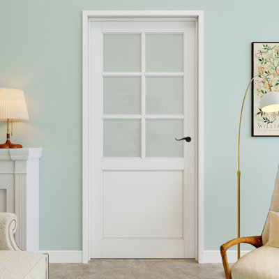 36" x 80" 6-Lite Frosted Glass Interior Prehung Door with Curve Lever and Black Hinges, Privacy Glass Door Slab, Paintable & Waterproof, Suit for Laundry, Closet Doors, Room Doors, Left Hand