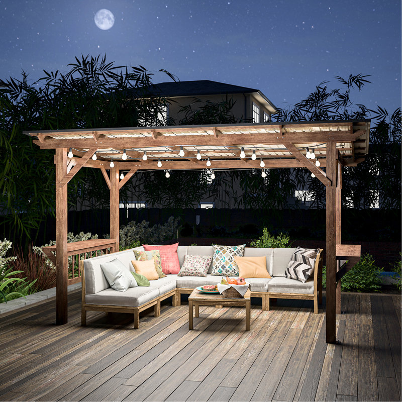 Pavillon de jardin 13 'x 6,5' avec toit en métal, ampoules et comptoirs de bar agréables en bois pour barbecue