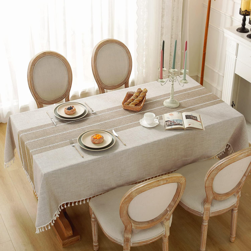 Rustic Cotton Linen Table Cloth,Tablecloths For 6 Foot Rectangle Tables,Waterproof Washable Tablecloth With Tassel Rectangle/Oblong, 55''X 86'', 6-8 Seats,Coffee Lines