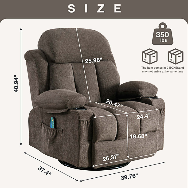 Massage 360 Swivel Rocker Recliner Chair, Fabric Manual Recliner Chair, Heating, Cup Holders, USB, Dark Brown 100% Cotton