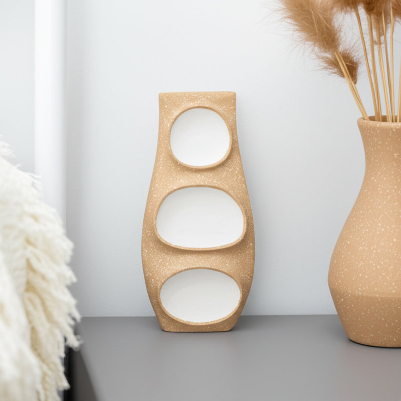 Vase Pottery and Suar Wood Sculptural Modern Design Speckled Decorative Use for Home Office Living Room or Bedroom - 19" Ivory & Tan
