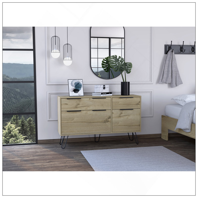 Commode double, quatre tiroirs, plateau supérieur, pieds en épingle à cheveux, chêne clair