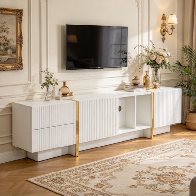 TV Stand for 85inch TV, Entertainment Center with Storage Cabinet and Open Shelves, Embossed Pattern TV Stand, TV Cabinet and Media Console for Living Room, Bedroom, White
