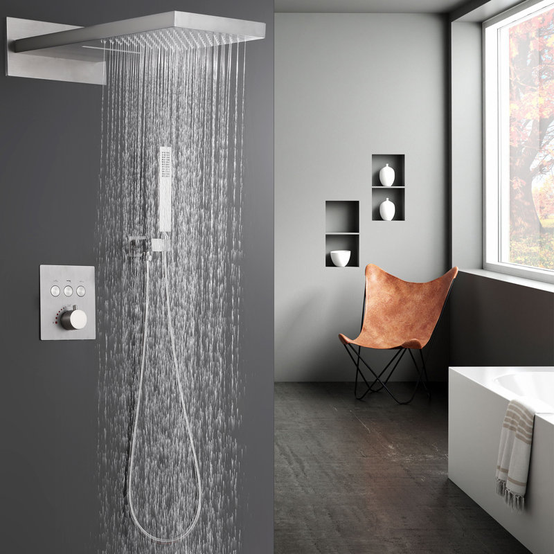  High Pressure Thermostatic Shower System, Brass Wall Mounted Shower Faucet Set with Rain&Waterfall Shower Head and Handheld Spray