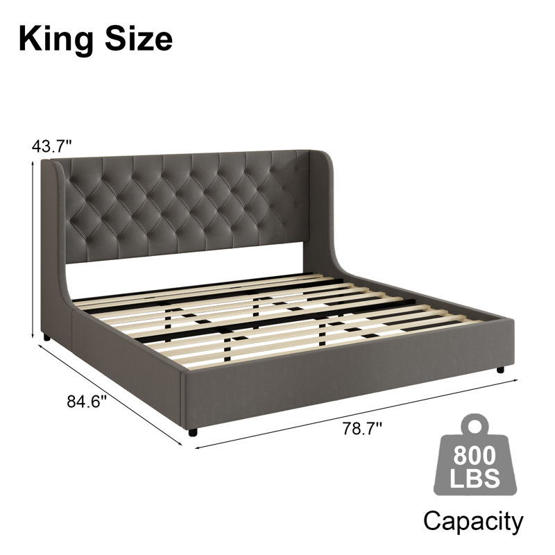 Lit plateforme tapissier Kewania Bedback, Gris, Très grand lit
