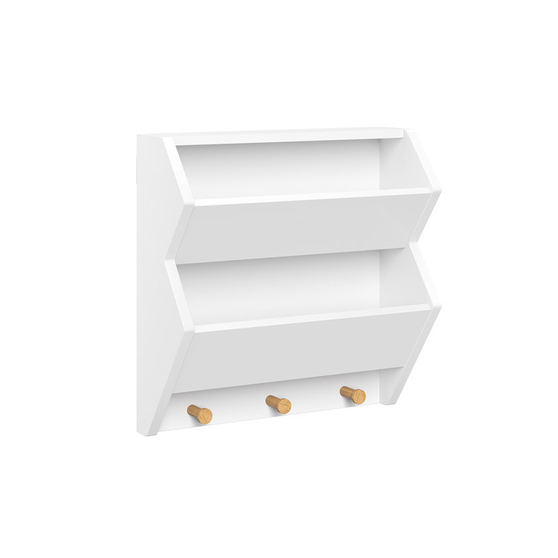White MDF Floating Wall Shelf with Wooden Hooks