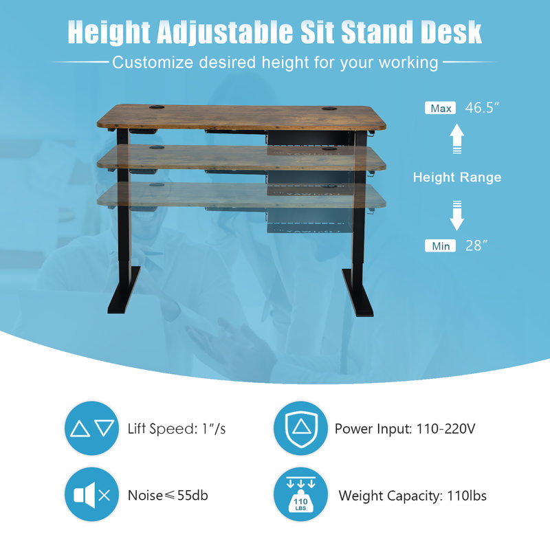 Carlin Adjustable Metal Base Standing Desk, Rustic Brown/Black, Right