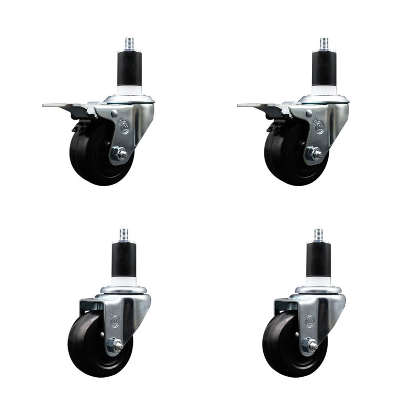 3 Inch SS Soft Rubber Swivel 1-1/2 Inch Expanding Stem Caster Set 2 Total Lock Brakes