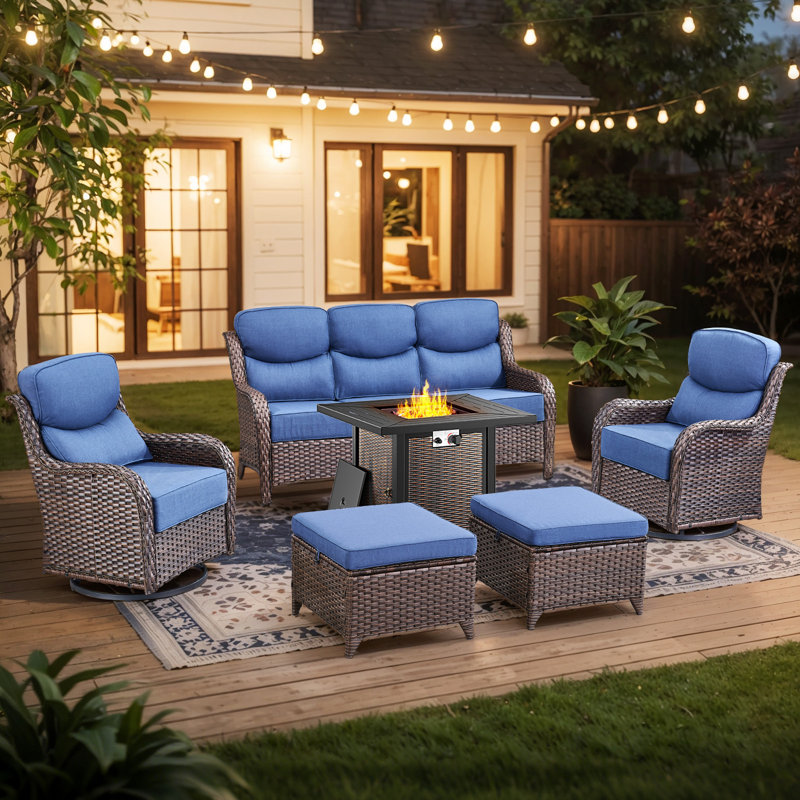 Wickes 6-Piece All-Weather Outdoor Wicker Patio Square Metal Fire Pit Table Conversation Set With Swivel Gliders And Ottomans