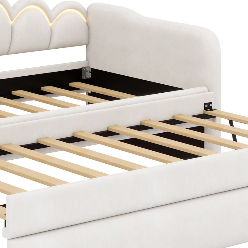 Modern Daybed Featuring Ambient LED Lights and a Level-Surface Pull-Out Trundle, White