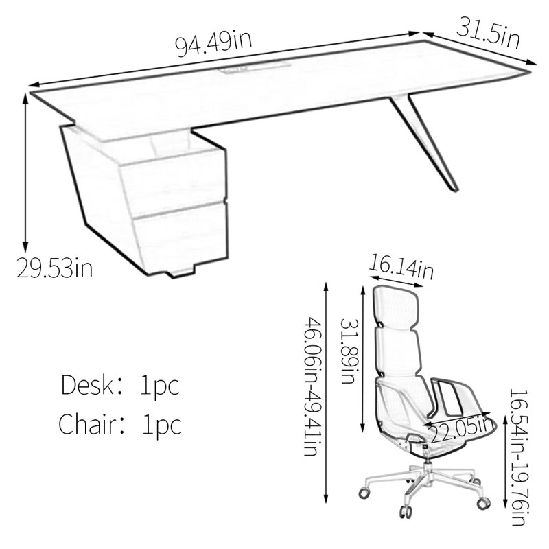 Bureau d'ordinateur, H 29,53 po x l 94,49 po x P 31,5 po