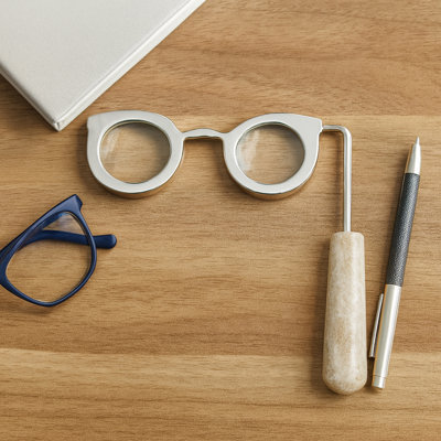 Decorative Eyeglass Sculpture with Marble Handle – Sculptural Magnifier Design Home Decor Accent, Sculptural Figurines and Statues, Decorations for Living Room, Silver & Gray