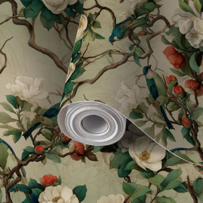 Papier peint à peler et coller, papier peint à motif d'oiseaux botaniques, camélia, auto-adhésif et amovible 24 po x 118 po (60 x 300 cm)