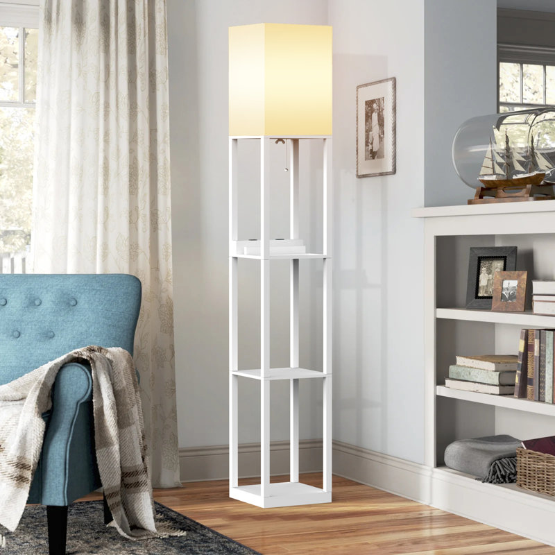 Lampe sur pied colonne Vax avec tablettes, bois massif, ports USB et ampoule incluse, Blanc