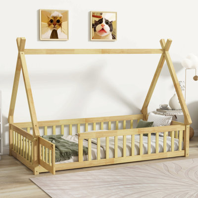 Tent-shaped Floor Bed,Teepee Bed with Guardrails,Slats and Door