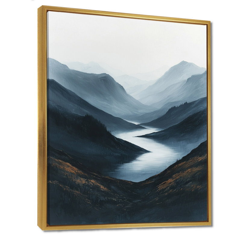 «Graedy Winter Lake Side Valley of Tranquility II», art mural lac, H 32 po x l 16 po, Reproduction avec cadre flottant, Doré