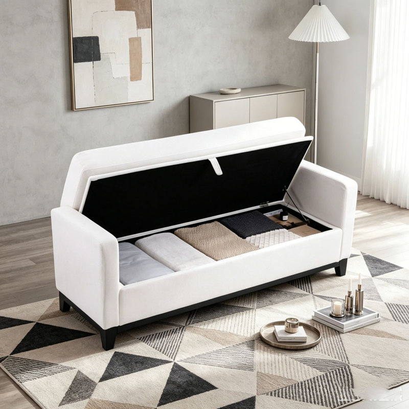 Banc rembourré en bois massif, 66 po + rangement, Beige + noir