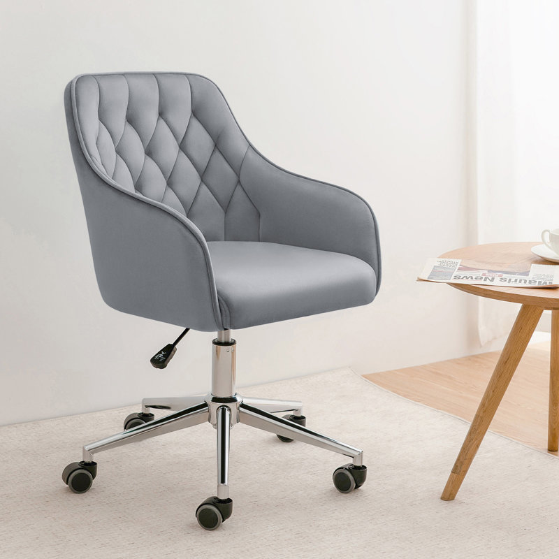 Marcus Velvet Desk Chair Vanity Chair for Makeup with Wheels Rolling Swivel Chair for Bedroom, Gray
