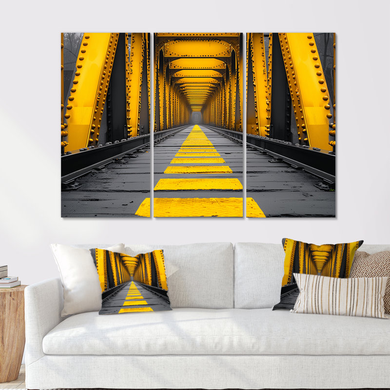 «Yellow Black Steel Symphony Bridge II» «Yellow Black Steel Symphony Bridge II» - 3 pièces, Toile tendue, H 28 po x l 36 po