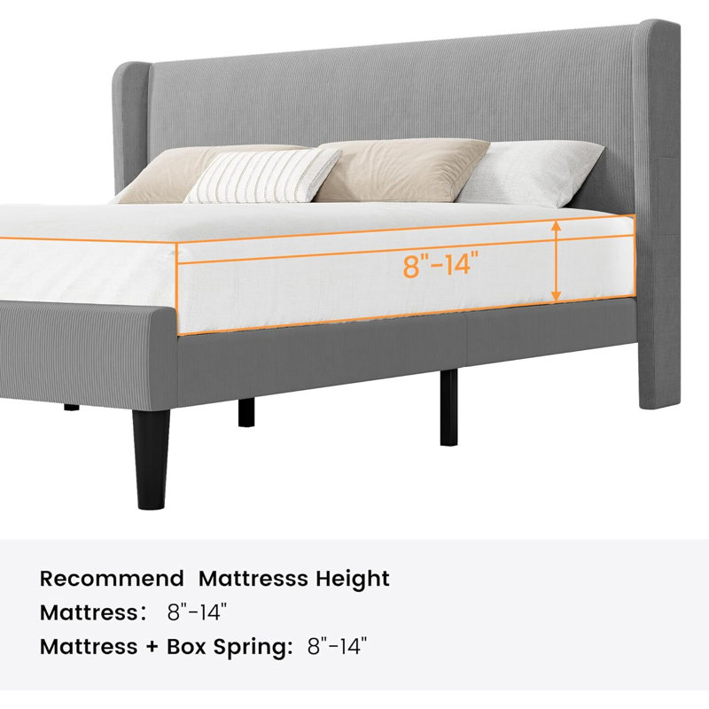 Platform Bed Frame With Upholstered Wingback Headboard, No Box Spring Needed, King, Grey