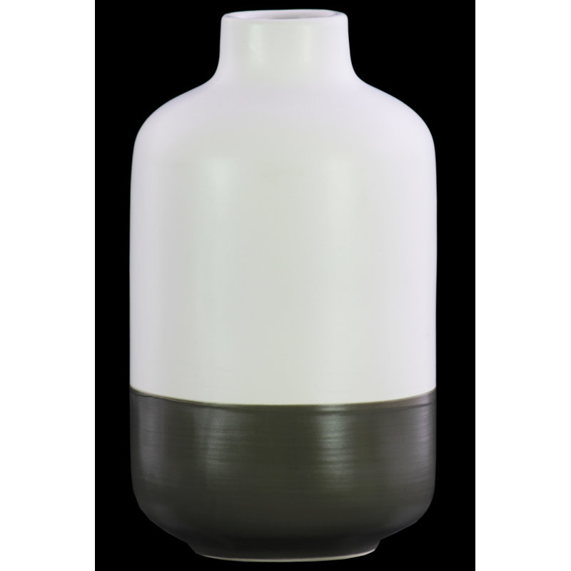 Stoneware Round Bottle Vase with Small Mouth, Short Neck and Grey Banded Rim Base SM Matte Finish White