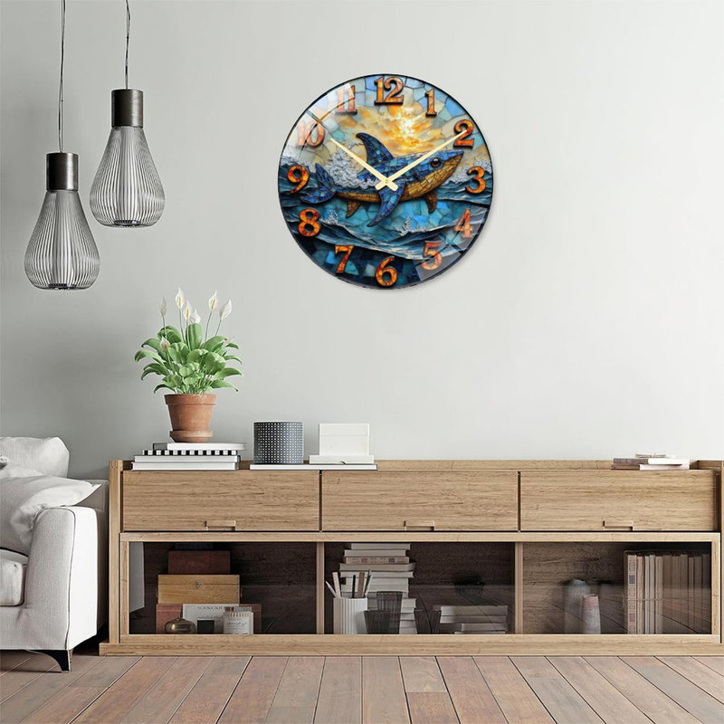 Horloge murale décorative en mosaïque de requin - 61 cm (24 po) - Horloge murale moderne en verre