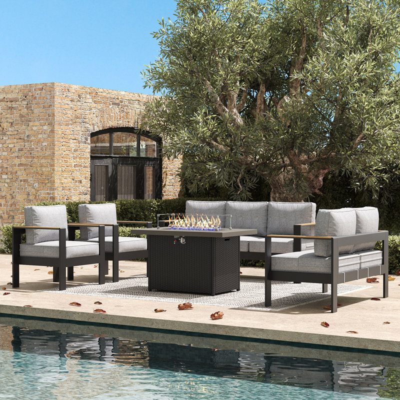5 Pieces Outdoor Aluminum Furniture Set With Fire Pit Table For Outside Patio, Modern Patio Conversation Chat Set, Light Grey