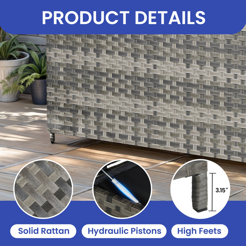 Balconera Water Resistant Wicker Deck Box, Gray, 36.61" H x 57.48" W x 32.67" D