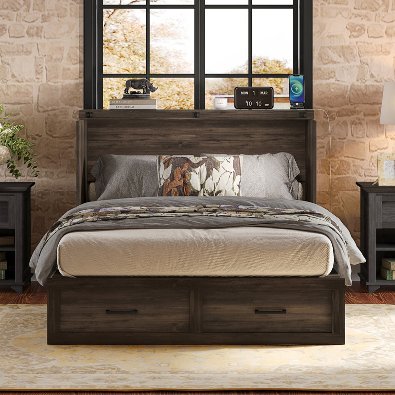 Lit armoire double pleine grandeur avec station de charge et tiroir de rangement