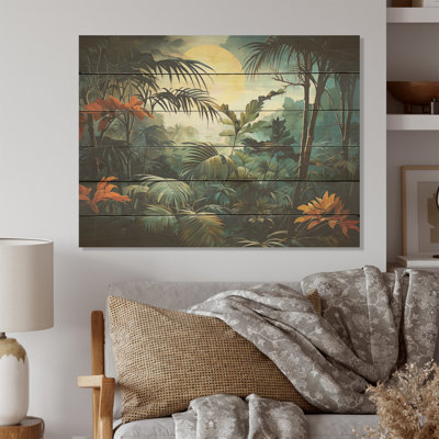 Fantasy Jungle Plants Under Moonlight - Plants Wood Art On Natural Pine Wood