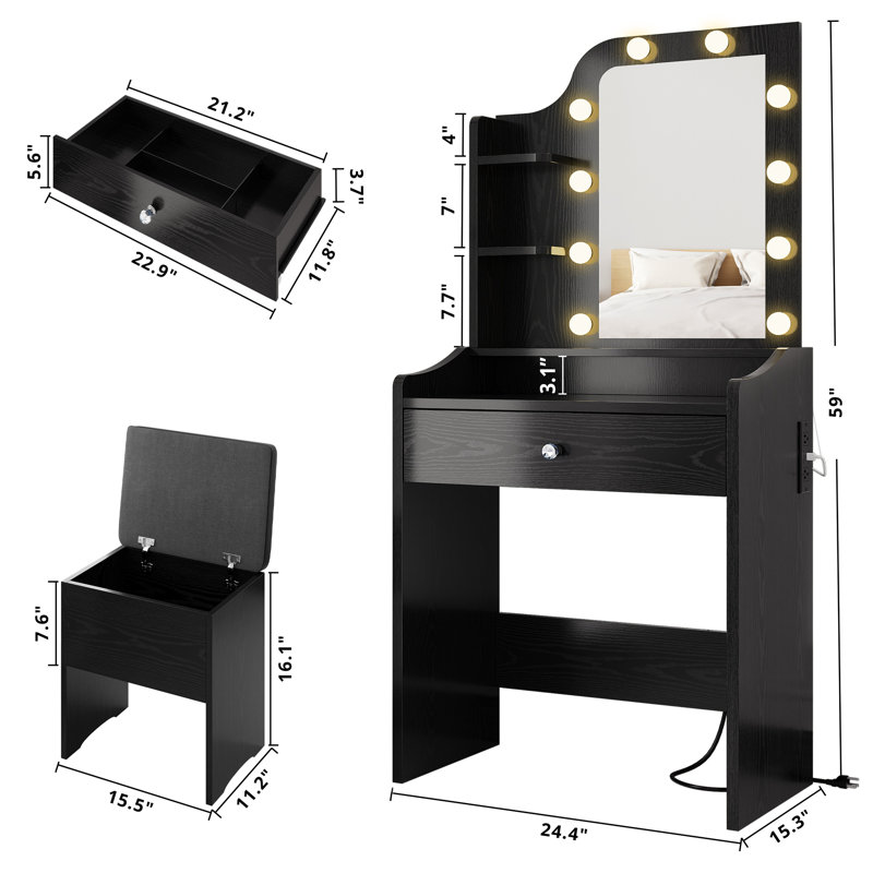 Small Makeup Vanity Desk With Bulb-Frame LED Mirror, Storage Stool & Power Outlet, Black
