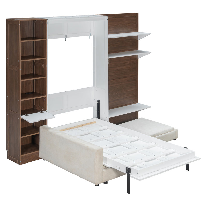 Lit escamotable avec armoire de rangement, tablettes ouvertes et port USB, grand canapé à l'avant, panneau imprimé paysage de montagne, lit mural peu encombrant pour chambre à coucher, chambre d'amis et appartement